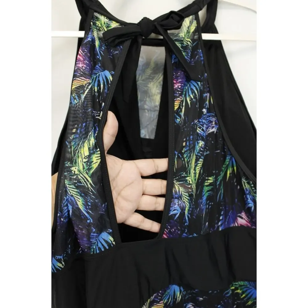Bloomchic Swim Dress Halter Sheer Skirt‎ Women 28 Black Floral Swimwear